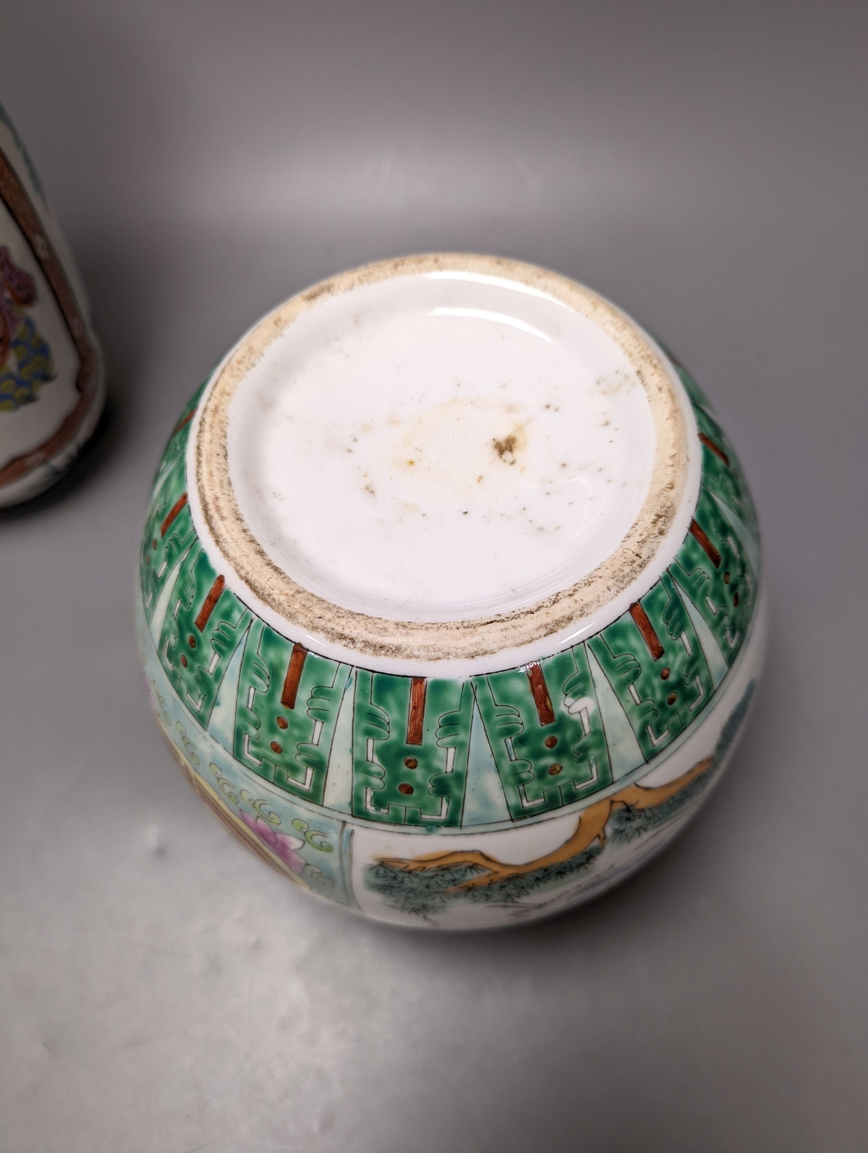 A Chinese famille rose vase and two ginger jars, together with a Japanese vase, 38cm